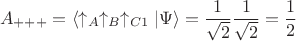 $$A_{+++}=\langle \uparrow_A\uparrow_B\uparrow_{C1}|\Psi\rangle = \dfrac{1}{\sqrt{2}}\dfrac{1}{\sqrt{2}}=\dfrac{1}{2}$$