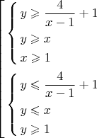 $\[\left[ \begin{gathered}
  \left\{ \begin{gathered}
  y \geqslant \frac{4}
{{x - 1}} + 1 \hfill \\
  y \geqslant x \hfill \\
  x \geqslant 1 \hfill \\ 
\end{gathered}  \right. \hfill \\
  \left\{ \begin{gathered}
  y \leqslant \frac{4}
{{x - 1}} + 1 \hfill \\
  y \leqslant x \hfill \\
  y \geqslant 1 \hfill \\ 
\end{gathered}  \right. \hfill \\ 
\end{gathered}  \right.\]$