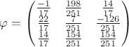 $\varphi = \begin{pmatrix}
\frac{-1}{17} & \frac{198}{251} &\frac{14 }{17}\\
\frac{22}{17} & \frac{7}{251} &\frac{-126}{251} \\
\frac{14}{17} & \frac{154}{251} &\frac{154}{251}
\end{pmatrix}$ $\varphi = \begin{pmatrix}
\frac{-1}{17} & \frac{198}{251} &\frac{14 }{17}\\
\frac{22}{17} & \frac{7}{251} &\frac{-126}{251} \\
\frac{14}{17} & \frac{154}{251} &\frac{154}{251}
\end{pmatrix}$