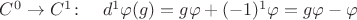 $C^0\to C^1\colon\quad d^1\varphi(g)=g\varphi+(-1)^1\varphi=g\varphi-\varphi$ $C^0\to C^1\colon\quad d^1\varphi(g)=g\varphi+(-1)^1\varphi=g\varphi-\varphi$
