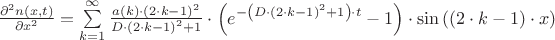 $\[
\frac{{\partial ^2 n(x,t)}}{{\partial x^2 }} = \sum\limits_{k = 1}^\infty  {\frac{{a(k) \cdot \left( {2 \cdot k - 1} \right)^2 }}{{D \cdot \left( {2 \cdot k - 1} \right)^2  + 1}}}  \cdot \left( {e^{ - \left( {D \cdot \left( {2 \cdot k - 1} \right)^2  + 1} \right) \cdot t}  - 1} \right) \cdot \sin \left( {\left( {2 \cdot k - 1} \right) \cdot x} \right)
\]
$