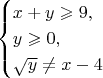 $$\begin{cases}x+y\geqslant 9,\\ y\geqslant 0,\\ \sqrt{y}\neq x-4\end{cases}$$