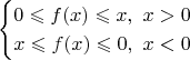 $$ \begin{cases}
0 \leqslant f(x) \leqslant x, \ x>0\\
x \leqslant f(x) \leqslant 0, \ x < 0
\end{cases}$$