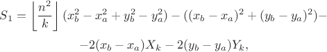 $$S_1=\left\lfloor\frac{n^2}k\right\rfloor(x_b^2-x_a^2+y_b^2-y_a^2)-((x_b-x_a)^2+(y_b-y_a)^2)-$$ $$-2(x_b-x_a)X_k-2(y_b-y_a)Y_k,$$