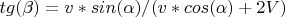 $tg(\beta)=v*sin(\alpha)/(v*cos(\alpha)+2V)$
