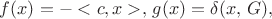 $f(x)=-<c,x>,\,g(x)=\delta(x,\,G),$