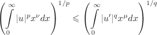 $$ \left ( \int \limits_0^{\infty}|u|^p}x^\nu dx \right )^{1/p} \leqslant \left ( \int \limits_0^{\infty}|u'|^qx^\mu dx \right )^{1/q}$$