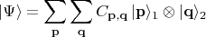 $$|\Psi\rangle=\sum_{\mathbf{p}}\sum_{\mathbf{q}}C_{\mathbf{p},\mathbf{q}}\,|\mathbf{p}\rangle_1\otimes|\mathbf{q}\rangle_2$$