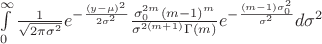 \int\limits_{0}^{\infty} \frac{1}{\sqrt{2 \pi \sigma^2}} e^{- \frac{(y-\mu)^2}{2 \sigma^2}} \frac{\sigma_0^{2m} (m-1)^m}{\sigma^{2(m+1)} \Gamma(m)} e^{- \frac{(m-1) \sigma_0^2}{\sigma^2}} d \sigma^2
