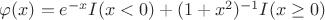 $\varphi(x)=
e^{-x}I(x<0)
+(1+x^2)^{-1}I(x\ge 0)
$