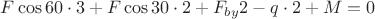 $F\cos{60}\cdot3+F\cos{30}\cdot 2+F_{by} 2-q\cdot 2+M=0$