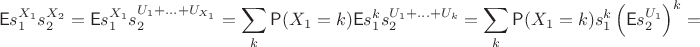 $$\mathsf E s_1^{X_1}s_2^{X_2}=\mathsf E s_1^{X_1}s_2^{U_1+\ldots+U_{X_1}}=\sum_{k}\mathsf P(X_1=k)\mathsf E s_1^k s_2^{U_1+\ldots+U_k} = \sum_{k}\mathsf P(X_1=k) s_1^k \left(\mathsf E s_2^{U_1}\right)^k = $$
