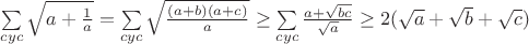 $\sum\limits_{cyc}\sqrt{a + \frac{1}{a}}=\sum\limits_{cyc}\sqrt{\frac{(a+b)(a+c)}{a}}\geq\sum\limits_{cyc}\frac{a+\sqrt{bc}}{\sqrt{a}}\geq2(\sqrt{a}+\sqrt{b}+\sqrt{c})$