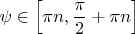 $\psi \in \left[\pi n, \dfrac{\pi}{2} + \pi n\right]$