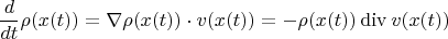 $$
\frac{d}{dt}\rho(x(t)) = \nabla\rho(x(t)) \cdot v(x(t))=-\rho(x(t)) \operatorname{div}v(x(t)) 
$$