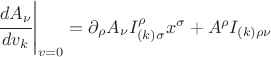 $\left. \cfrac{d A_\nu}{dv_k}\right|_{v=0}= \partial_\rho A_\nu I^\rho_{(k)\sigma} x^\sigma +A^\rho I_{(k) \rho \nu}$
