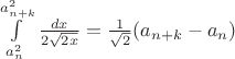 $\int\limits_{a_n^2}^{a_{n+k}^2}\frac{dx}{2\sqrt{2x}}=\frac1{\sqrt2}(a_{n+k}-a_n)$