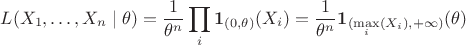 $$L(X_1,\ldots ,X_n \mid \theta ) = \frac {1}{\theta ^n} \prod \limits _i  \mathbf 1 _{(0, \theta )}(X_i) = \frac {1}{\theta ^n} \mathbf 1 _{(\max \limits _i (X_i), +\infty )}(\theta )$$