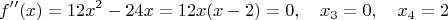 $$f''(x) = 12x^2 - 24x = 12x(x - 2) = 0, \quad x_3 = 0, \quad x_4 = 2$$