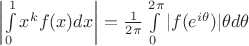 $\left|\int\limits_{0}^{1}x^kf(x)dx\right|=\frac1{2\pi}\int\limits_{0}^{2\pi}|f(e^{i\theta})|\theta d\theta$