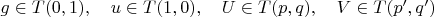 $g\in T(0,1),\quad u\in T(1,0),\quad U\in T(p,q),\quad V\in T(p',q')$
