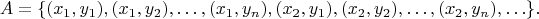 $$A = \{ (x_1,y_1), (x_1,y_2), \ldots, (x_1,y_n), (x_2,y_1), (x_2,y_2), \ldots, (x_2,y_n), \ldots \}.$$