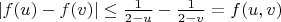 $|f(u)-f(v)|\leq \frac{1}{2-u}-\frac{1}{2-v}=f(u,v)$