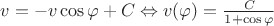 $v=-v\cos\varphi+C \Leftrightarrow v(\varphi)=\frac{C}{1+\cos\varphi}$