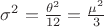$\sigma^2 = \frac {\theta^2} {12} = \frac {\mu^2} {3}$