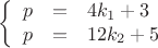 $$\left\{
\begin{array}{rcl}
 p &=& 4k_1 + 3\\
 p &=& 12k_2 + 5\\
\end{array}
\right.$$
