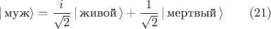 $$| \, \text{муж} \rangle = \frac{i}{\sqrt 2} \, | \, \text{живой} \, \rangle + \frac{1}{\sqrt 2} \, | \, \text{мертвый} \, \rangle   \qquad (21) $$