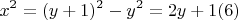 $$x^2=(y+1)^2-y^2=2y+1\ren(6)$$
