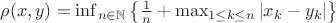 $\rho(x,y)=\inf_{n\in\mathbb{N}}\left\{\frac1{n}+\max_{1\leq k\leq n}|x_k-y_k|\right\}$