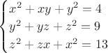 $\begin{cases} x^2+xy+y^2=4\\y^2+yz+z^2=9\\z^2+zx+x^2=13\end{cases}$