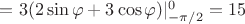 $=3 (2\sin \varphi +3\cos \varphi) |_{-\pi/2} ^{0}=15$