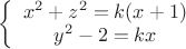 $\left\{ \begin{array}{cl}
x^2+z^2=k(x+1) \\
y^2-2=kx
\end{array} \right.$