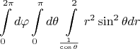 $$\int\limits_{0}^{2 \pi} d \varphi \int\limits_{0}^{\pi} d \theta \int\limits_{\frac{1}{\cos \theta}}^{2} r^2 \sin^2 \theta dr$