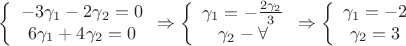 $\left \{ \begin{array}{I} -3\gamma_1-2\gamma_2=0 \\ 6\gamma_1+4\gamma_2=0 \end{array} \Rightarrow \left \{ \begin{array}{I} \gamma_1=-\frac{2\gamma_2}{3} \\ \gamma_2-\forall \end{array} \Rightarrow \left \{ \begin{array}{I} \gamma_1=-2 \\ \gamma_2=3 \end{array}$
