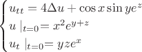 $$\begin{cases}
 u_{tt}=4\Delta u+\cos x\sin y e^{z} \\
 u\mid_{t=0}=x^2e^{y+z} \\
 u_t\mid_{t=0}=yze^{x} \\
\end{cases}$$