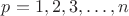$p=1,2,3,\dots,n$