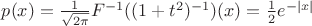 $p(x)=\frac 1{\sqrt{2\pi}}F^{-1}((1+t^2)^{-1})(x)=\frac 12 e^{-|x|}$
