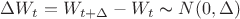 $\Delta W_t = W_{t+\Delta} - W_{t}  \thicksim \mathkrat{N}(0,\Delta)$