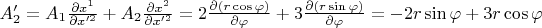 $A'_2=A_1 \frac{\partial x^1}{\partial x'^2} + A_2 \frac{\partial x^2}{\partial x'^2}=2 \frac{\partial (r \cos \varphi)}{\partial \varphi} + 3 \frac{\partial (r \sin \varphi)}{\partial \varphi}=-2r\sin\varphi+3r\cos\varphi$