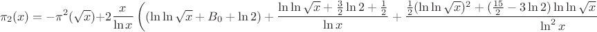 $$\pi _2(x)=-\pi ^2(\sqrt{x})+2 \frac{x}{\ln x} \left( (\ln\ln \sqrt{x} + B_0+\ln 2) + \frac{\ln\ln \sqrt{x} + \frac{3}{2} \ln 2 + \frac{1}{2}}{\ln x} + \frac{\frac{1}{2}(\ln\ln \sqrt{x})^2 + (\frac{15}{2} - 3 \ln 2) \ln\ln \sqrt{x} +(6 \ln 2 + 4 + B_1)}{\ln ^2 x} + O(\frac{(\ln \ln x)^3}{\ln ^3 x})\right)$$