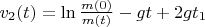 $v_2(t) = \ln\frac{m(0)}{m(t)} - gt + 2gt_1$