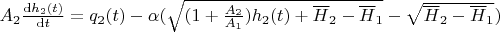 $A_{2} \frac{\mathrm{d} h_{2}(t)}{\mathrm{d} t}=q_2(t)-\alpha(\sqrt{(1+\frac{A_{2}}{A_{1}} )h_2(t)+\overline{H}_{2}-\overline{H}_{1}}-\sqrt{\overline{H}_{2}-\overline{H}_{1}})$