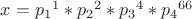 $x={p_1}^{1}*{p_2}^{2}*{p_3}^{4}*{p_4}^{66}$