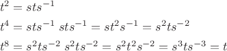 $\begin{array}{l}t^2=sts^{-1}\\[1ex]t^4=sts^{-1}\;sts^{-1}=st^2s^{-1}=s^2ts^{-2}\\[1ex]t^8=s^2ts^{-2}\;s^2ts^{-2}=s^2t^2s^{-2}=s^3ts^{-3}=t\end{array}$