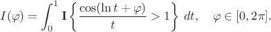 $$I(\varphi)=\int_0^1{\bf I}\left\{\frac{\cos(\ln t+\varphi)}{t}>1\right\}\,dt,\quad \varphi\in [0,2\pi].$$