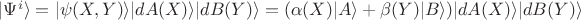 $\vert\Psi^{i}\rangle=\vert\psi(X,Y)\rangle\vert dA(X)\rangle\vert dB(Y)\rangle = (\alpha(X)\vert A \rangle + \beta(Y) \vert B\rangle)\vert dA(X)\rangle\vert dB(Y)\rangle$